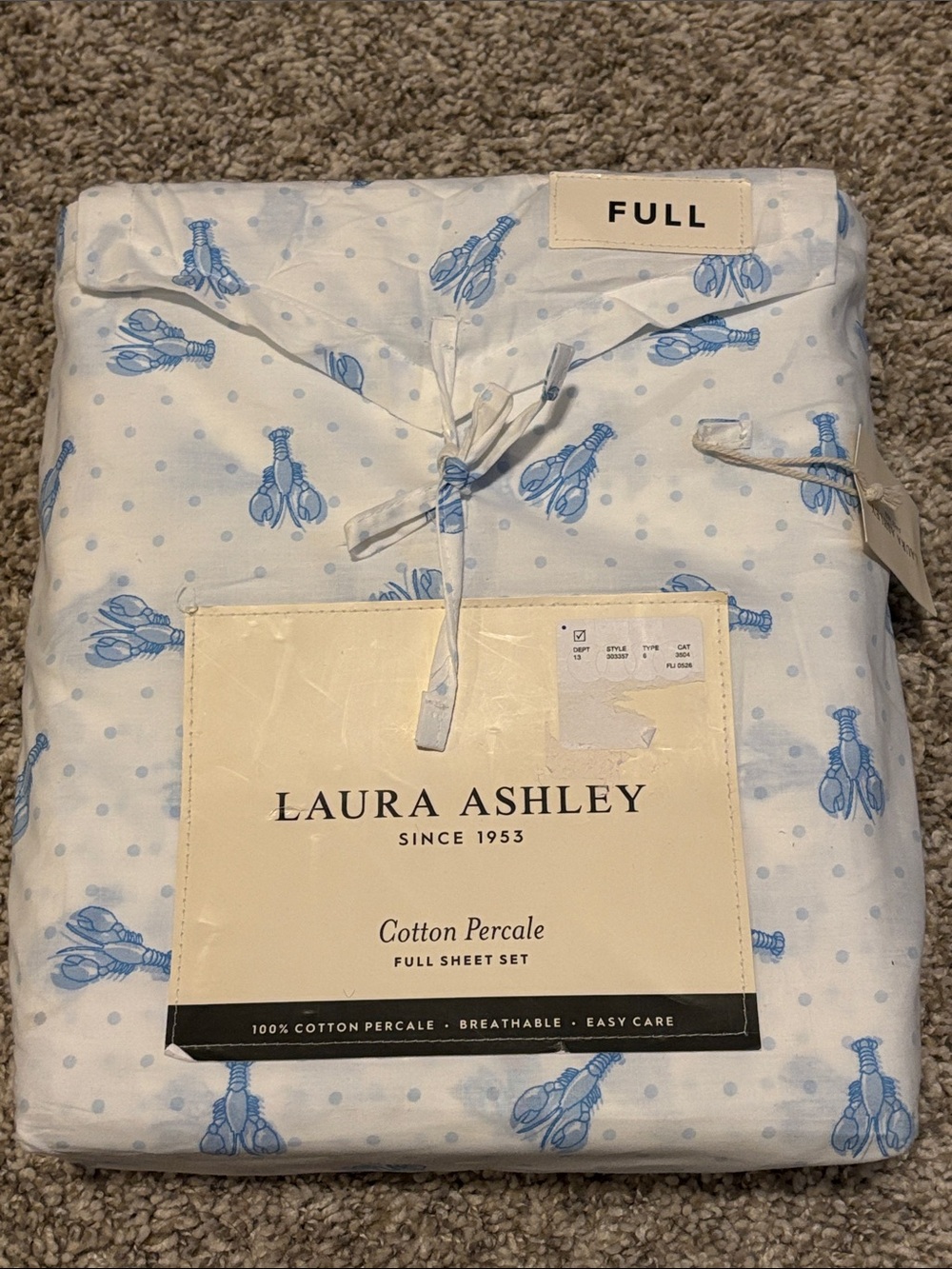 NWT Laura Ashley Blue Crab Cotton Percale Full Sheet Set